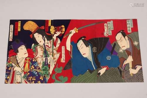 Original Japanese Woodblock Triptych by Kunichika,