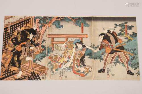 Original Japanese Woodblock Triptych Toyokuni III,