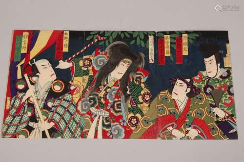 Original Japanese Woodblock Triptych by Chikanobu,