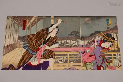 Original Japanese Woodblock Triptych by Kunichika,