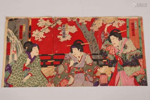 Original Japanese Woodblock Print Triptych,