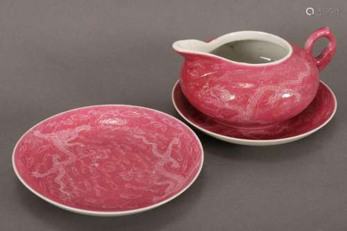 Pair of Chinese Pink Glaze Dishes and Jug,