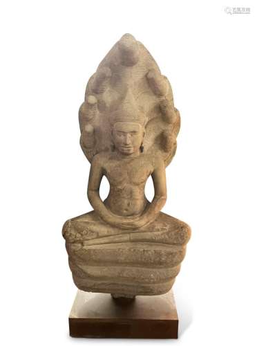 Khmer Stone Seated Buddha and Naga,