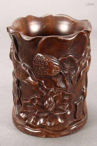 Chinese Carved Hardwood Brush Pot,