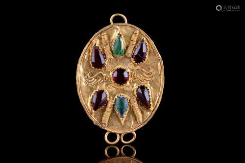 GREEK HELLENISTIC GOLD PENDANT WITH GARNETS AND EMERALDS