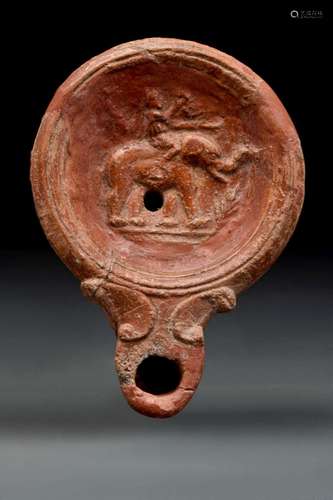 RARE ROMAN TERRACOTTA OIL LAMP WITH ALEXANDER THE GREAT ON E...