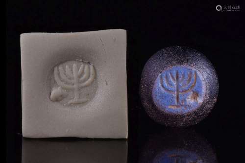 ROMANO-JEWISH GLASS GEM WITH MENORAH SYMBOL