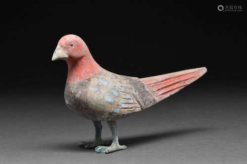 CHINESE HAN DYNASTY TERRACOTTA BIRD ON BRONZE LEGS - TL TEST...