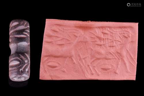 MESOPOTAMIAN BROWN STONE CYLINDER SEAL WITH ANIMAL - ORIGINA...