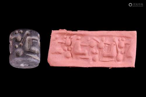 MESOPOTAMIAN BROWN STONE CYLINDER SEAL WITH FEMALES - ORIGIN...