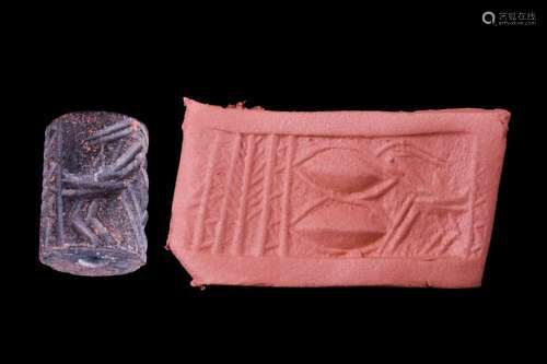 MESOPOTAMIAN BLACK STONE CYLINDER SEAL WITH ANIMAL - ORIGINA...