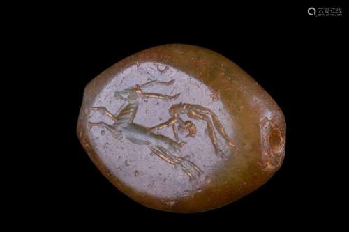 PHOENICIAN SCARABOID STONE SEAL WITH DEAR AND FIGURE