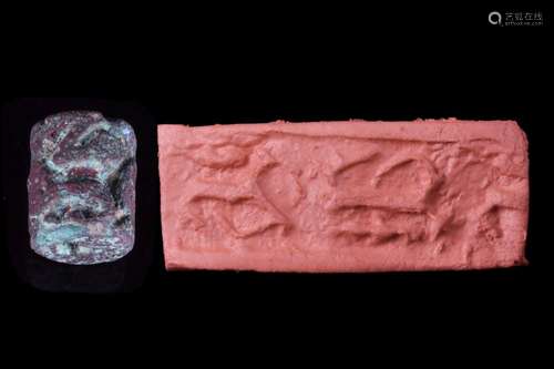 MESOPOTAMIAN BRONZE CYLINDER SEAL WITH ANIMALS - ORIGINAL LA...