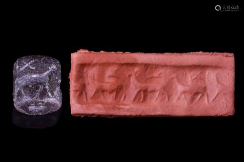 MESOPOTAMIAN BLACK STONE CYLINDER SEAL WITH ANIMALS - ORIGIN...