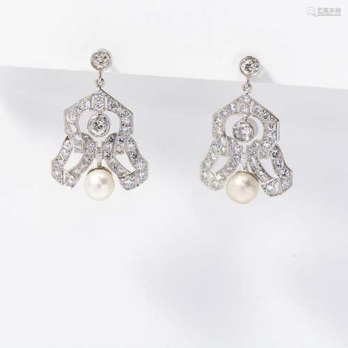 A pair of 18 carat white gold diamond and pearl ear pendants