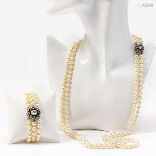 A cultivated pearl and diamond bracelet and necklace suite