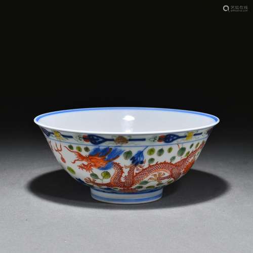 Blue and white multicolored dragon and phoenix bowl