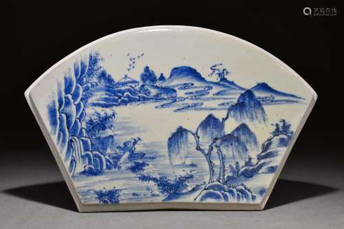 Fan-shaped Porcelain Plate with Blue and White Landscape and...