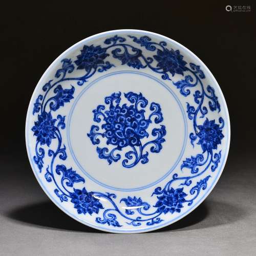 Blue and white dish with lotus pattern
