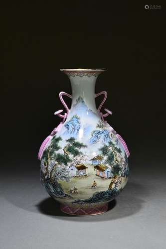 Pastel Landscape Ruyi Ear Appreciation Vase