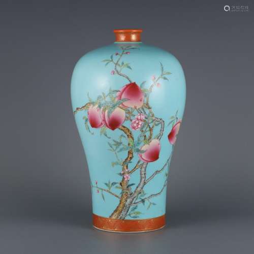 Plum vase with turquoise and green pastel eight peach patter...