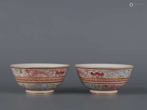 A Pair of Pastel Painted Gold Chilong Cups