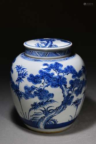 Blue and white pine bamboo plum pattern lid jar