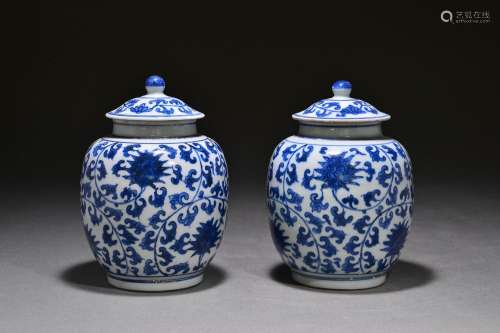 Pair of Blue and White Lid Jars with Intertwined Branches an...