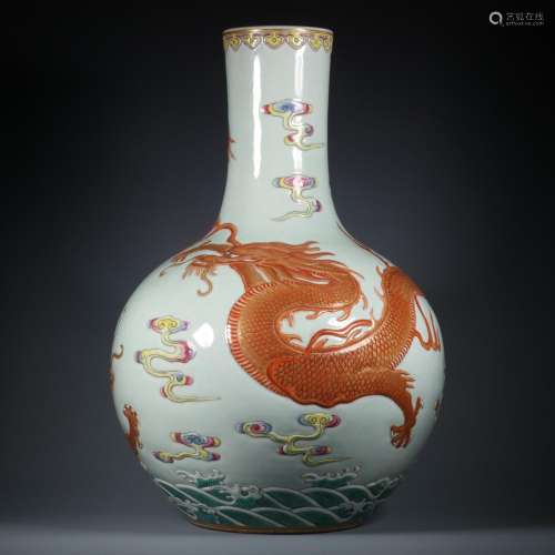 Bean Green Glaze Carved Alum Red Painted Gold Canglong Jiaoz...