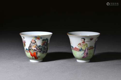 Pair of Pastel Eight Immortals Character Cups