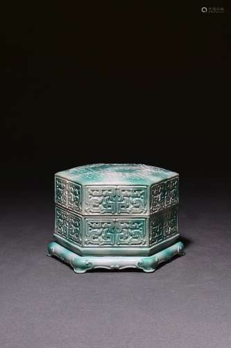 Turquoise green glazed hexagonal carved porcelain lid box