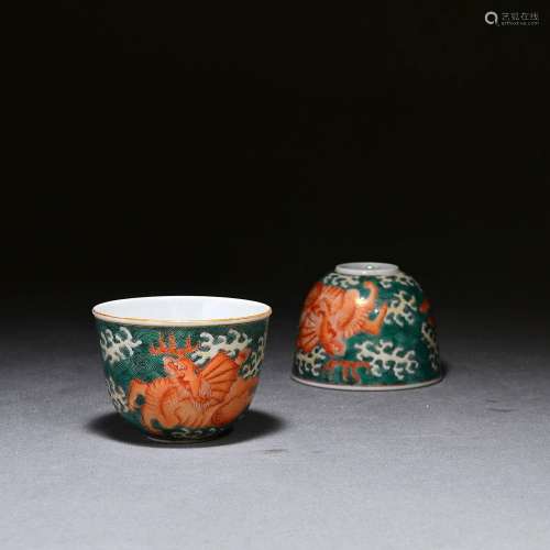 Pair of Vatican red painted gold sea animal pattern cups