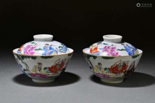 Pair of Pastel Eight Immortals Covered Bowls