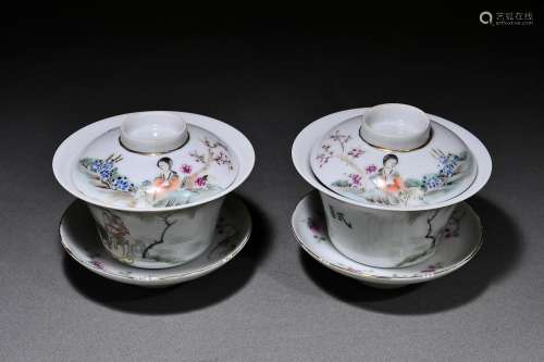 Pair of Pastel Flower Figure Covered Bowls