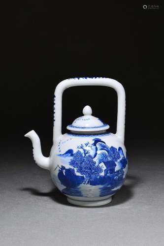 Blue-and-white landscape and figure lifting beam pot