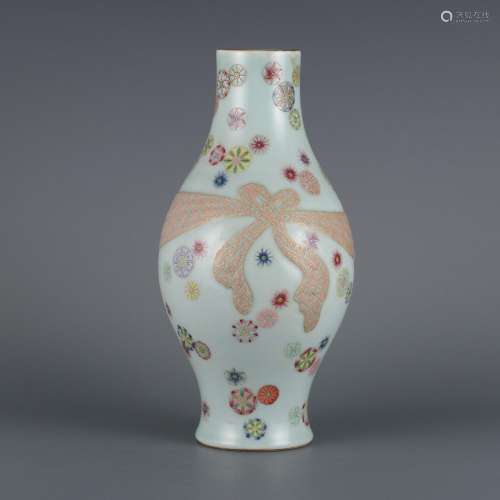 Olive vase with pink celadon glaze and pastel ball flower ri...