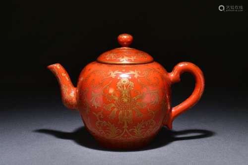 Coral Red Glazed Teapot with Gold Passiflora Pattern
