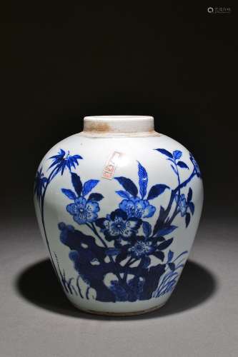 Blue and white travertine flower and bird large tea caddy