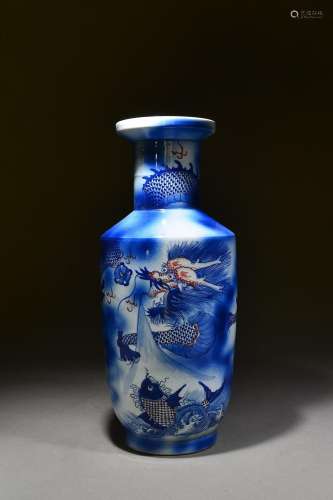 Mallet bottle with red fish and dragon pattern in blue and w...