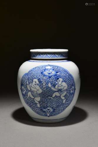 Blue and white lotus boy lid jar