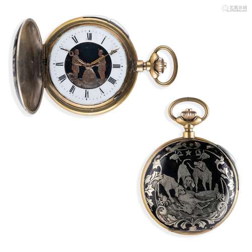 RARO OROLOGIO JACQUEMART SAVONETTE, NIELLO SU ARGENTO, SUONE...