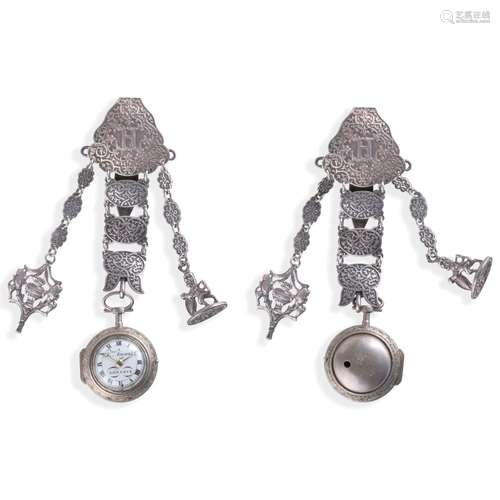 ANTICA CHATELAINE IN ARGETO CON SIGILLO E OROLOGIO, SVIZZERA...