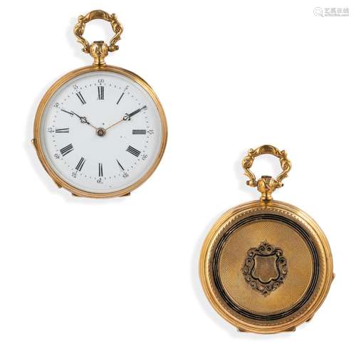 PICCOLO OROLOGIO DA TASCA IN ORO GUILLOCHE' E SMALTI NERI, F...