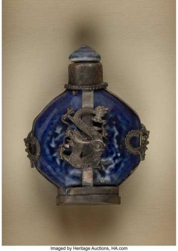 A Chinese Silver Mounted Blue Glazed Snuff Bottle Marks: two...