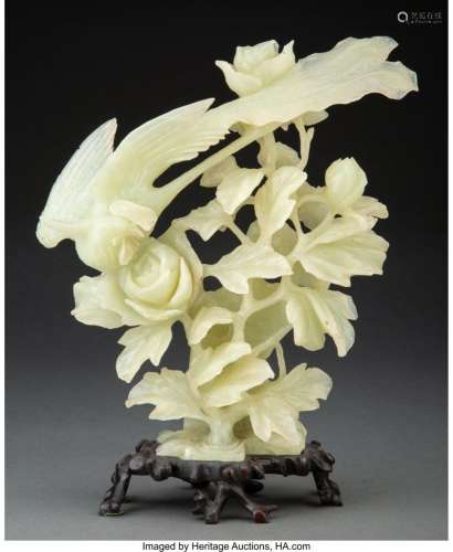 A Chinese Bowenite Bird & Flower Carving 11 x 8-3/4 x 4-...