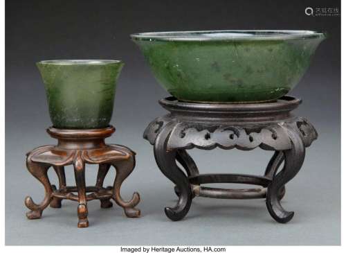 Two Chinese Hardstone Articles with Carved Wood Stands 5 x 5...