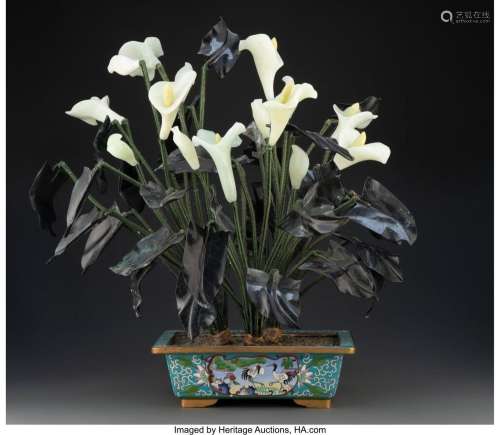 A Chinese Cloisonné Planter with Jade Irises 22 x 21 x 20 in...