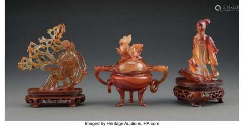 Three Chinese Carved Agate Articles Marks: artist`s mark (ce...