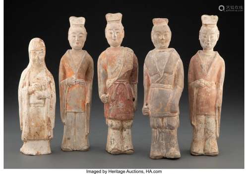 A Group of Five Chinese Terracotta Figures 11-1/8 x 3-1/4 x ...