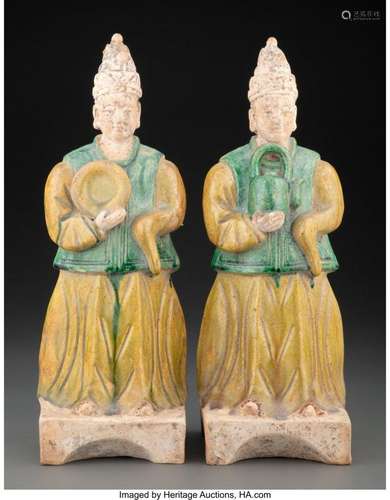 A Pair of Large Chinese Polychrome Ceramic Attendants